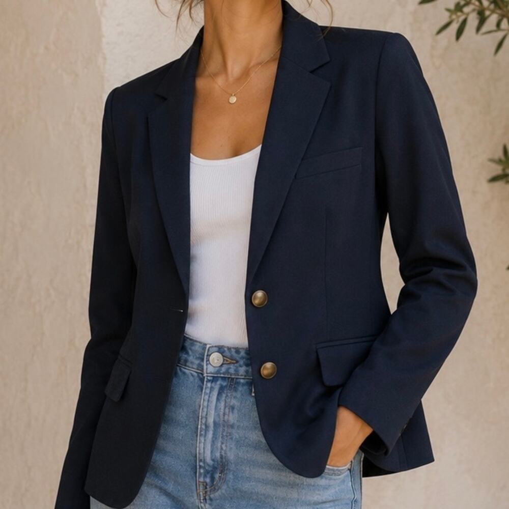 GAP | Navy Wool Blend Two Button Blazer Jacket Gold Buttons Preppy Mod | Size 12